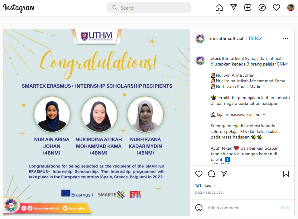 UTHM Instagram post