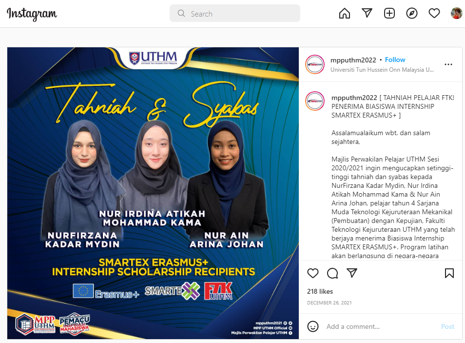 UTHM Instagram post